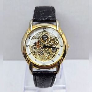 Mens Vintage John Weitz Faux Skeleton Watch Gold Tone Quartz New Battery
